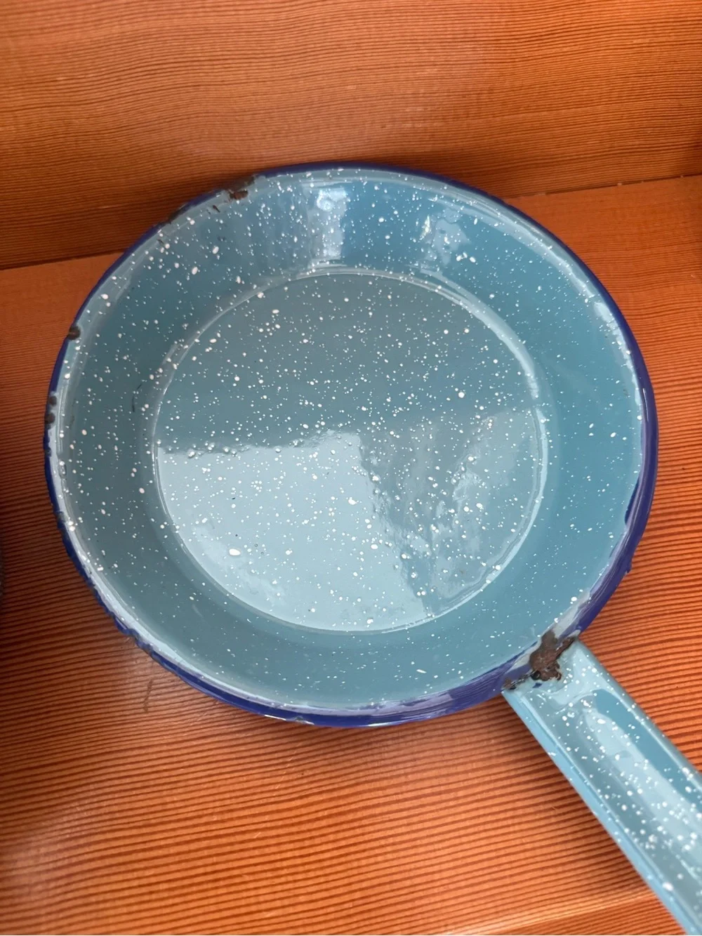 2 Blue Speckled Enamel Saucepans for camping, decor or up-cycle